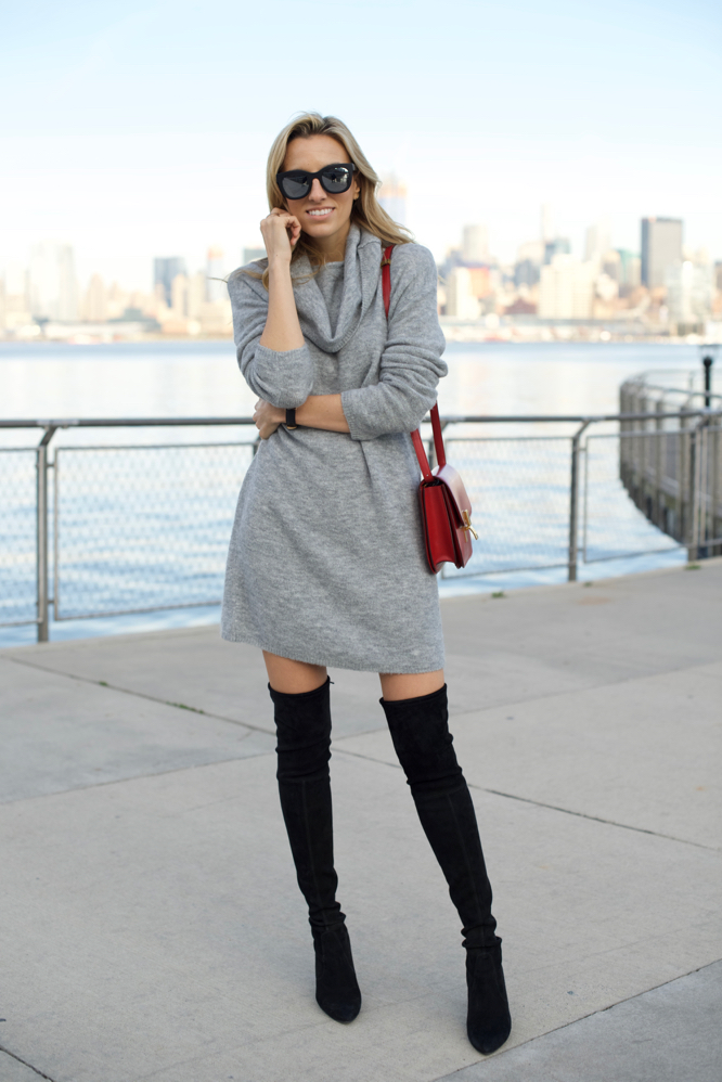 sweater dress with high knee boots