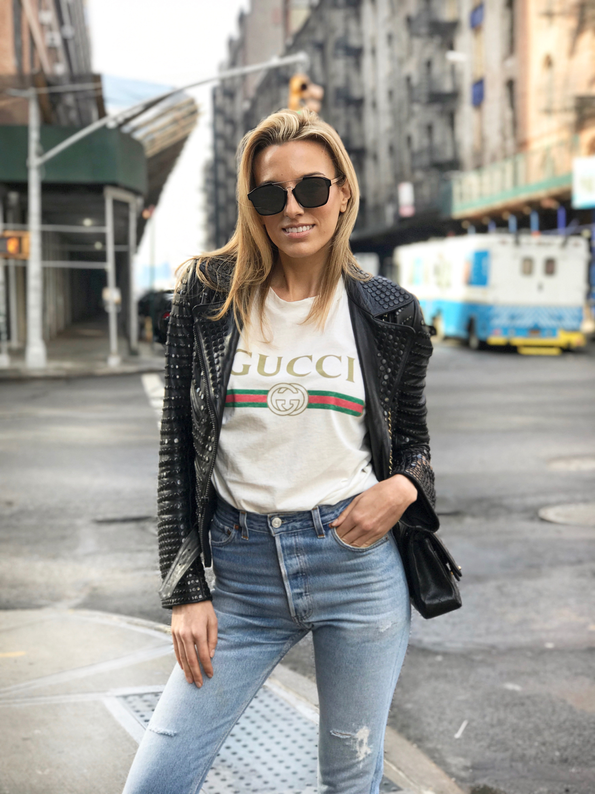 Gucci Logo tee, Gucci t shirt, Studded leather jacket, dior sunglasses, levis