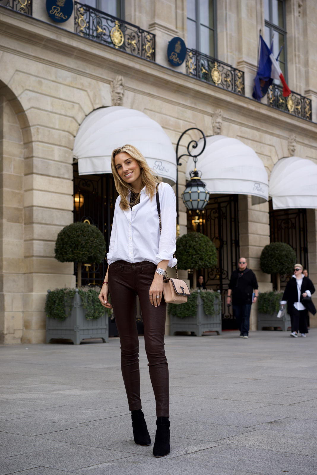 Leather Pants & White Button Down in Paris - Lisa DiCicco Cahue