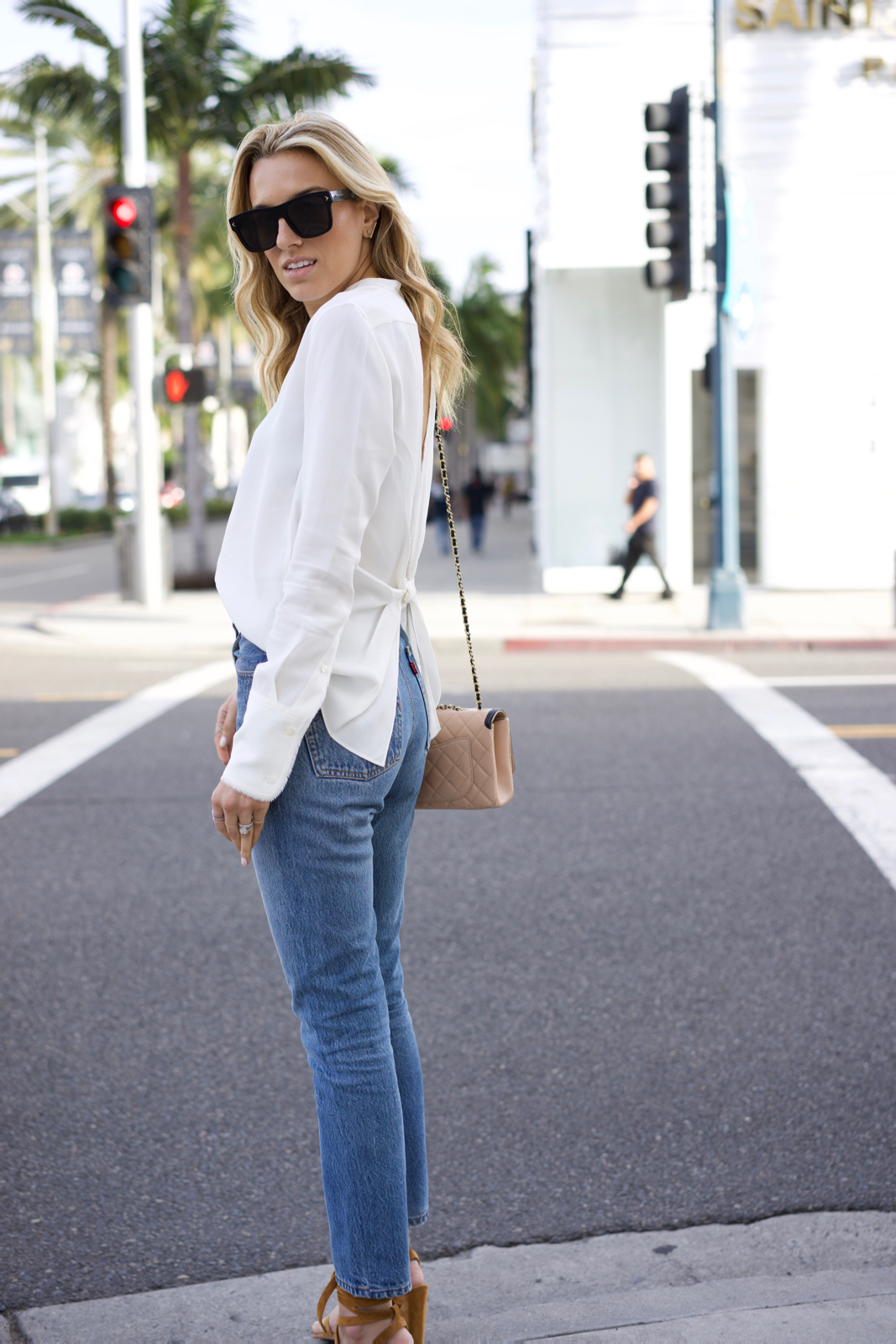 Helmut Lang Open Back Top, Levi's Jean, Chanel shoes and bag, Givenchy, Gianvito Rossi Shoes, Los Angeles, California