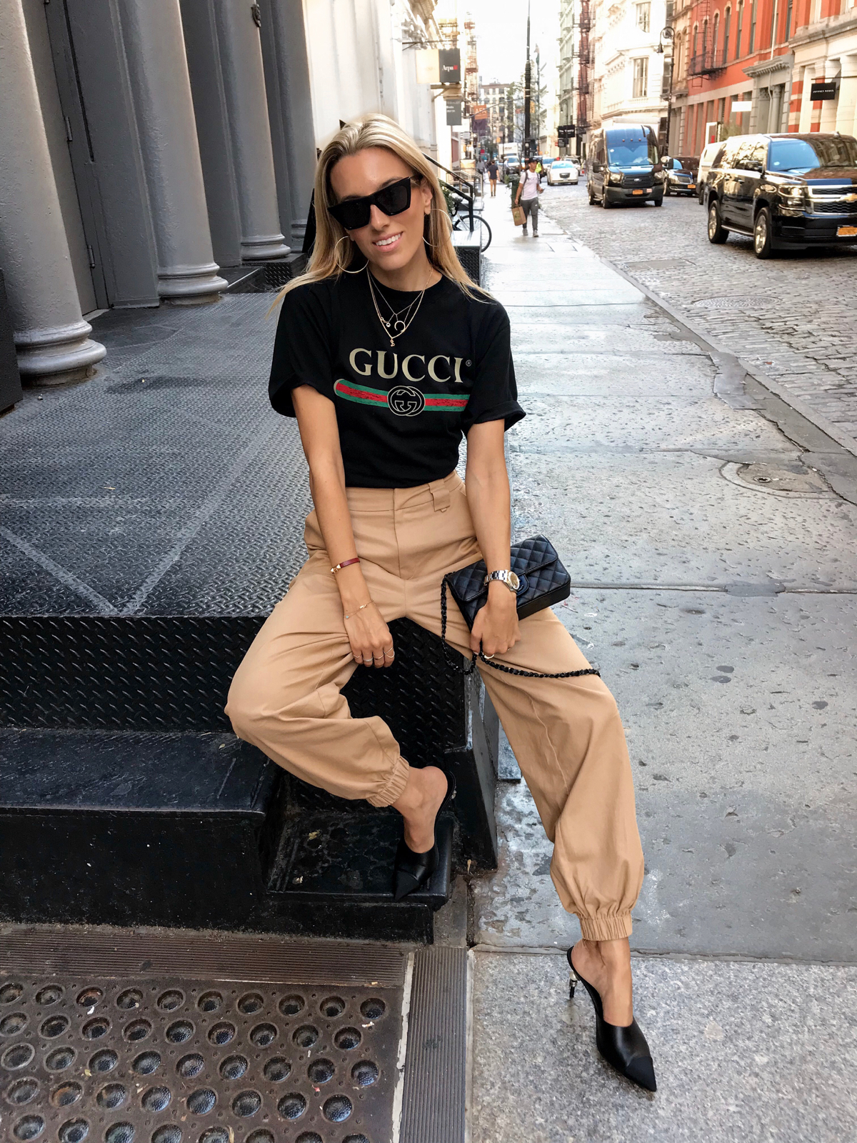Polka Dots, Denim Skirt & Gucci Belt Bag - Lisa DiCicco Cahue