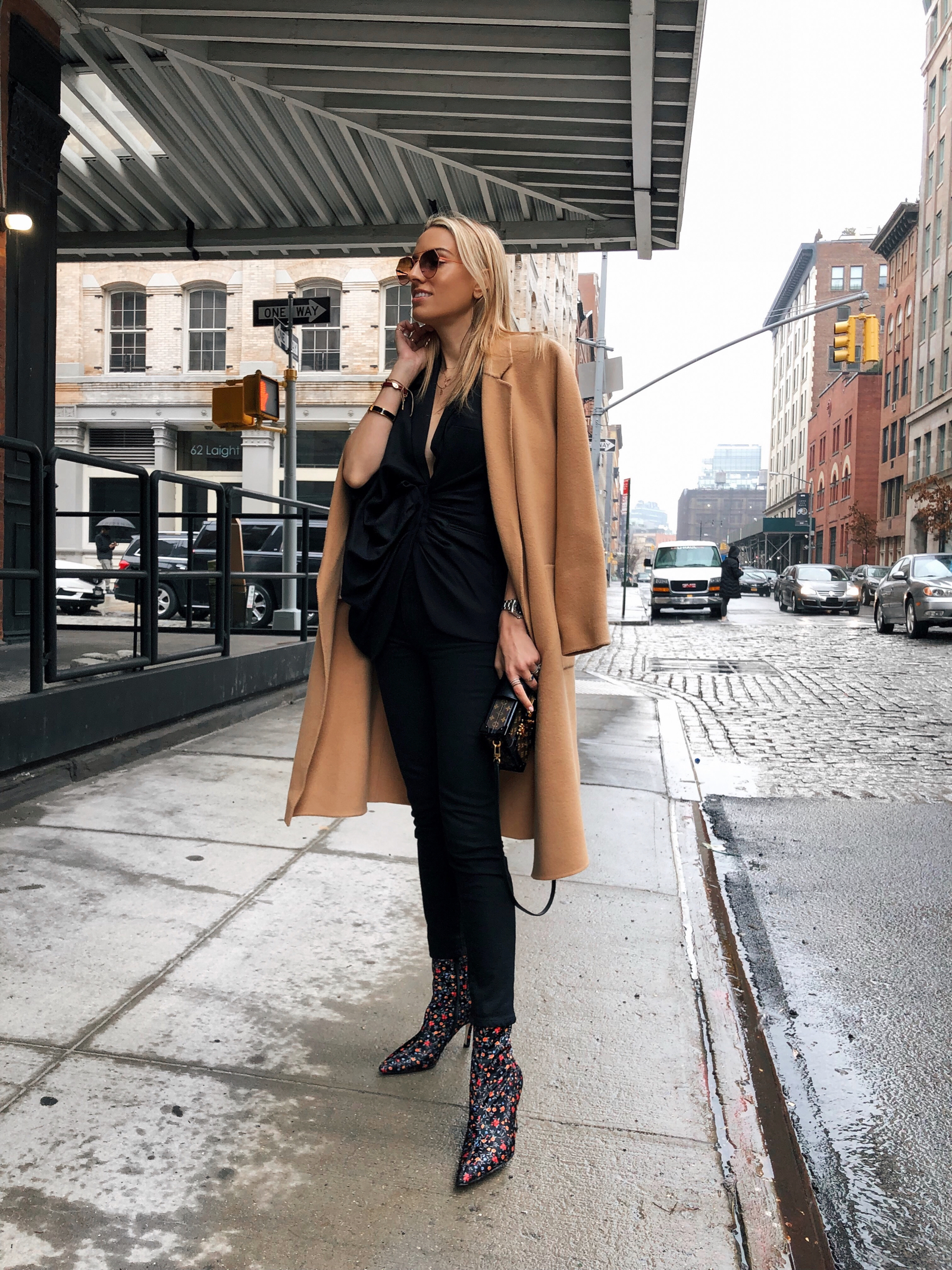 NYFW Fall 2018 Street Style, Jaquemus, Fendi sunglasses, Floral boots, camel coat