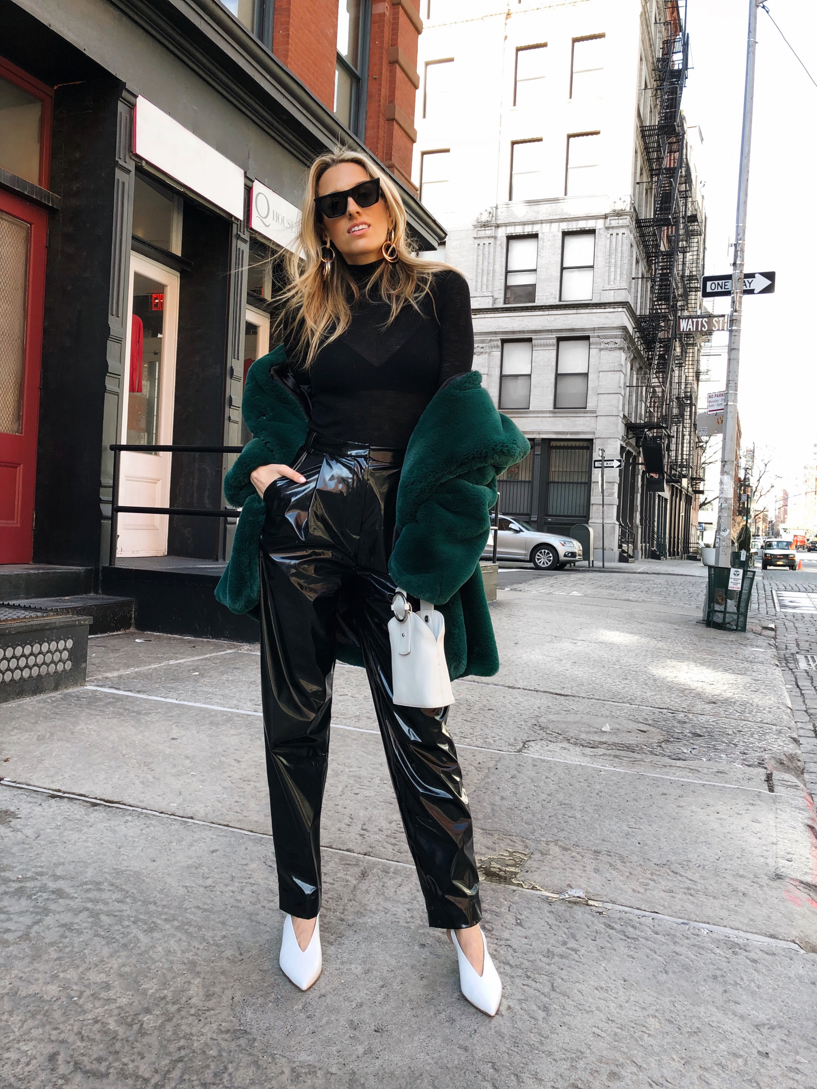 NYFW Fall 2018, Street Style, What they are wearing, patent leather, green faux fur, Tibi, Celine, IT bag