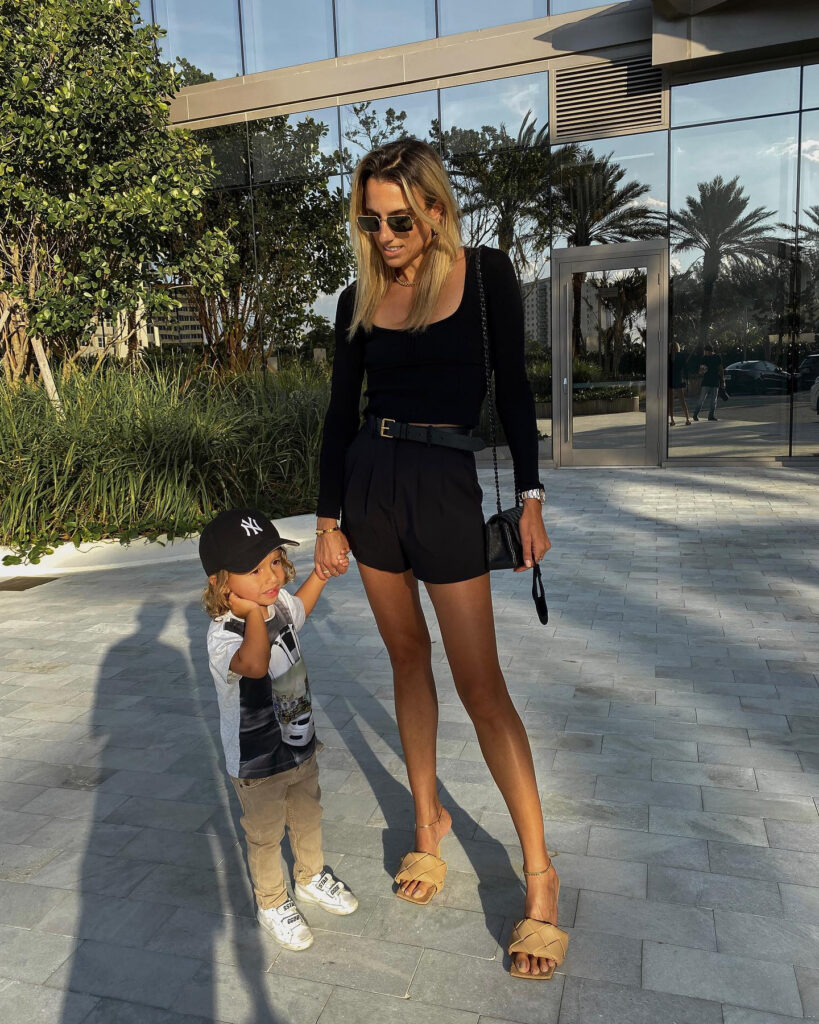 revolveme, revolve ambassador, NBD trouser shorts, black high waisted trouser shorts, bottega veneta lido mules, bottega veneta heel, celine sunglasses, open back sweater, toddler style inspo, miami style inspo, summer style inspo, trends to watch 