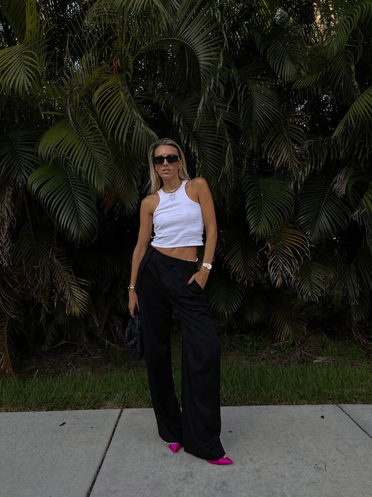 orseund iris tank, white logo tank, orseund iris, versace sunglasses, sunglass hut, black trouser, black wide leg trousers, zara black trousers, zara fall finds, balenciaga pink satin crystal embellished pumps, balenciaga pink pumps, bottega veneta black jodie bag